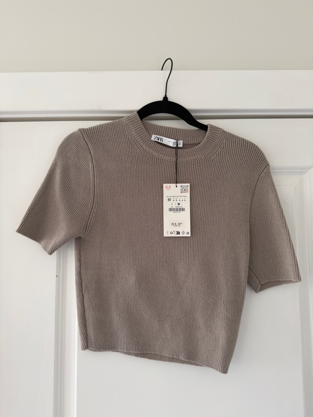 ZARA Taupe Ribbed Short-Sleeve Crewneck Top
